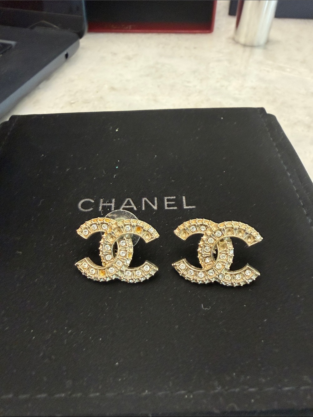 Authentic CHANEL Gold Crystal CC Earrings